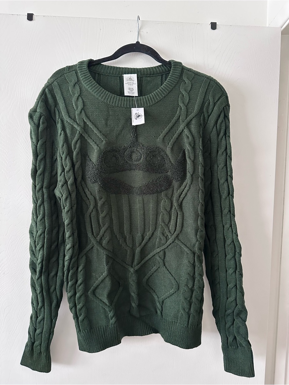 NWT Disney Women’s Dark Green Cable Knit Crewneck Sweater with Toy Story Alien